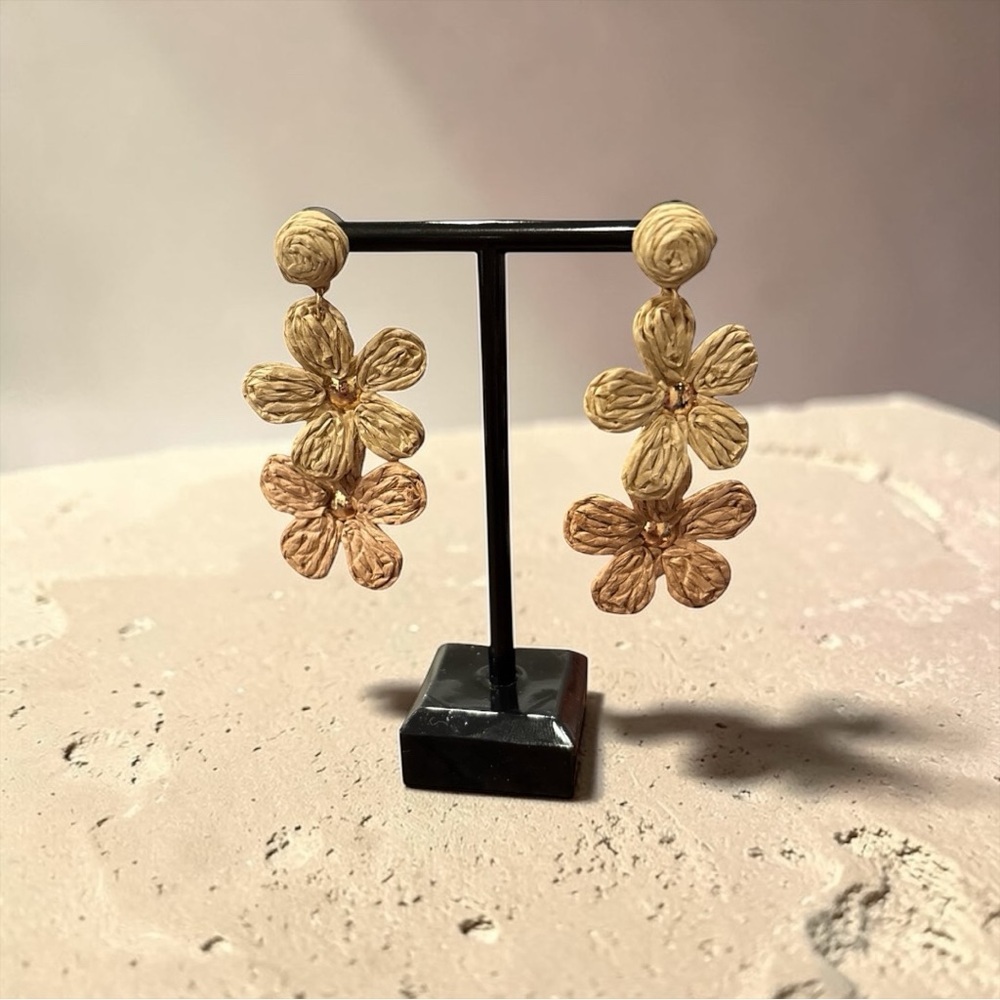 Boho Raffia Flower Drop Earrings Resort Vacation Woven Floral Statement NWT - Picture 2 of 2